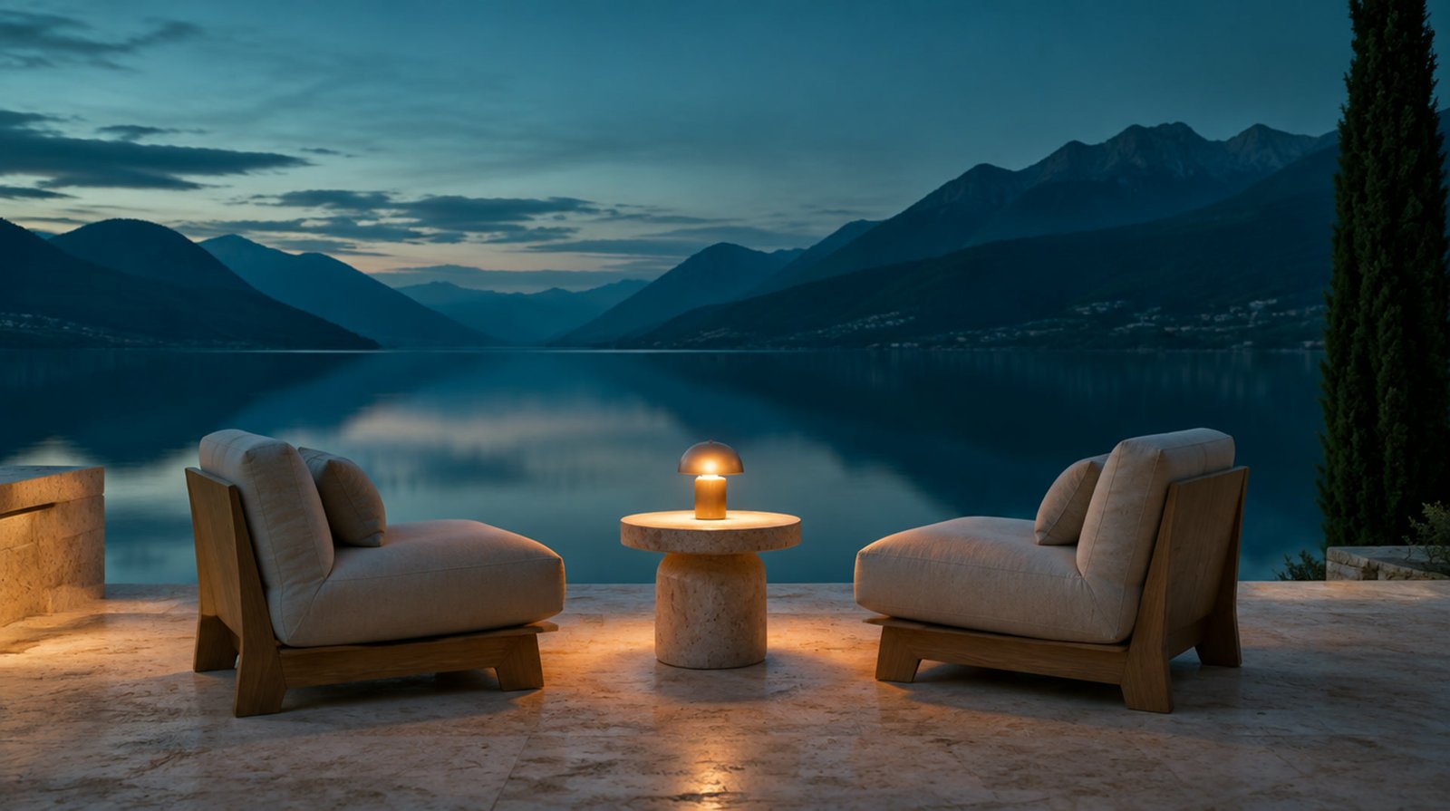 Zwei Sessel auf einer Terrasse über dem See in der Dämmerung